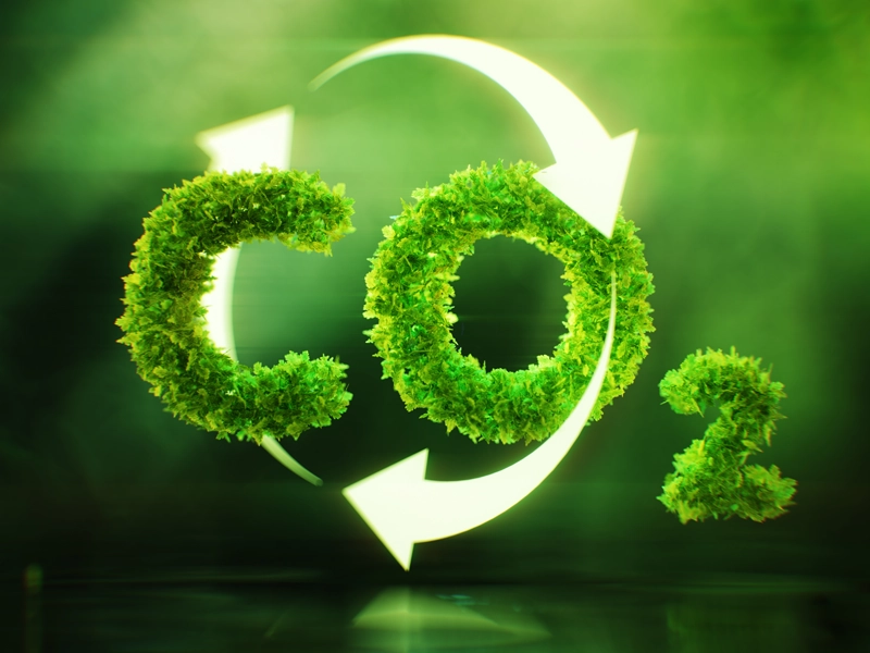 Representación de la absorcion de CO2 con la palabra formada por vegetación y tres flechas mostrando circularidad.