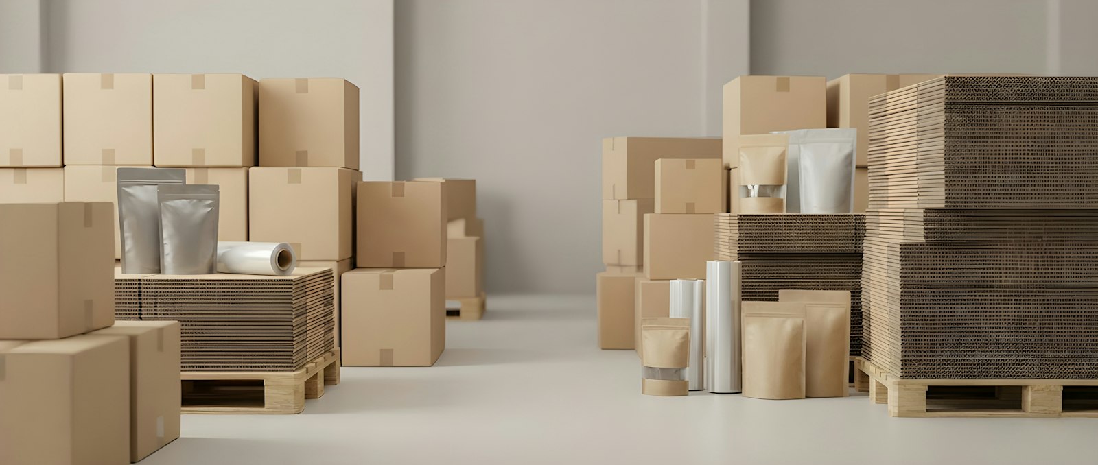 Cajas de cartón y material de embalaje en un almacén