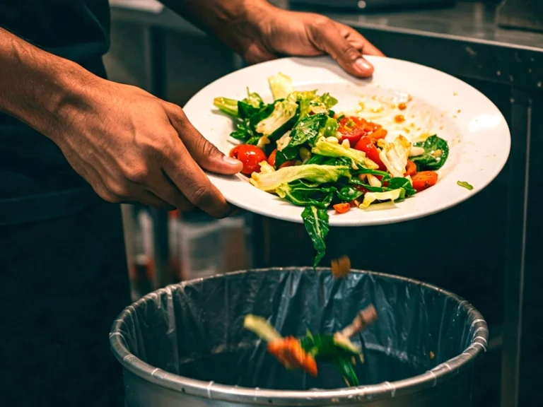 Persona vaciando un plato con comida en la basura