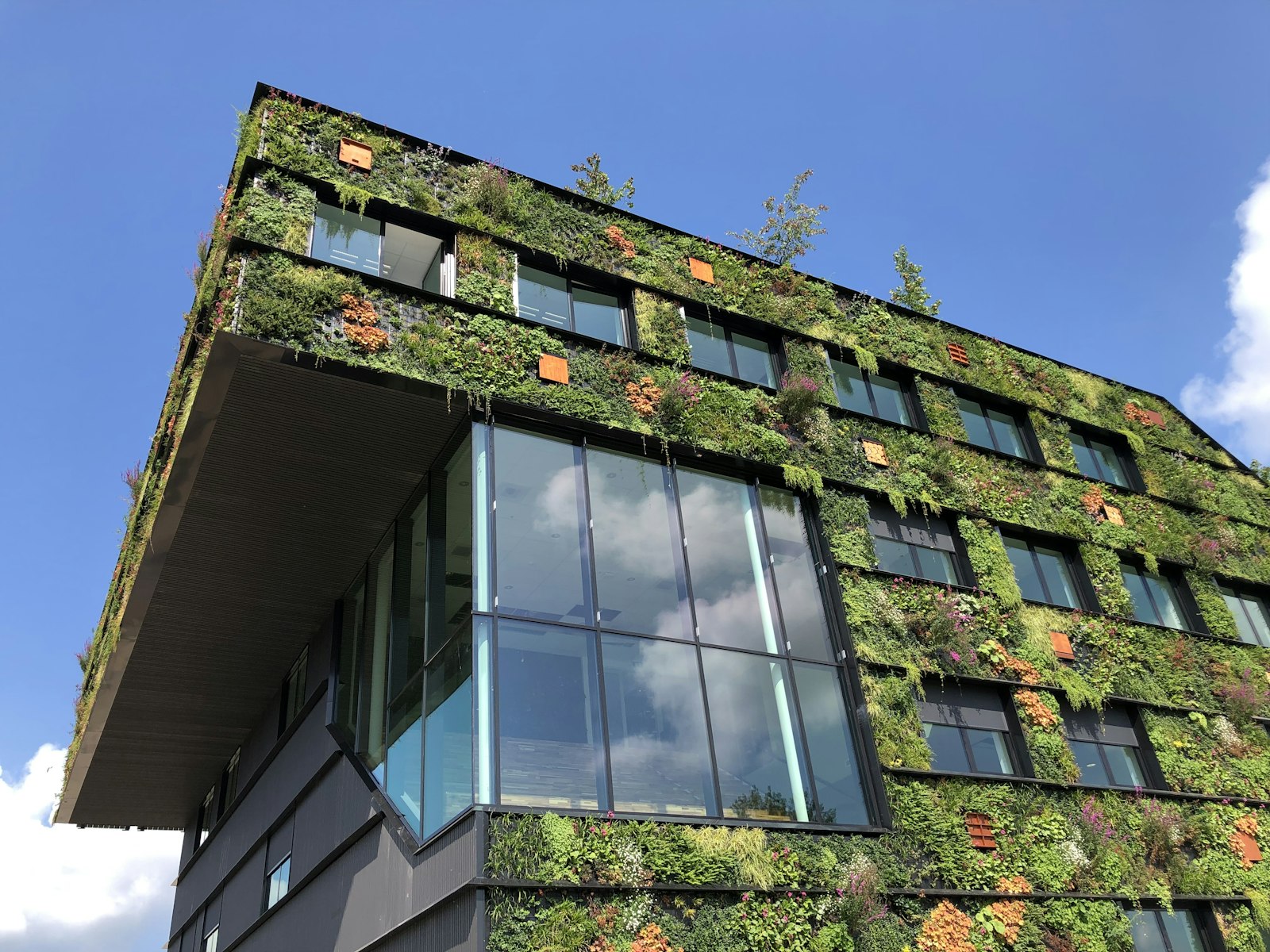 Edificio con fachada vegetal bajo un cielo azul