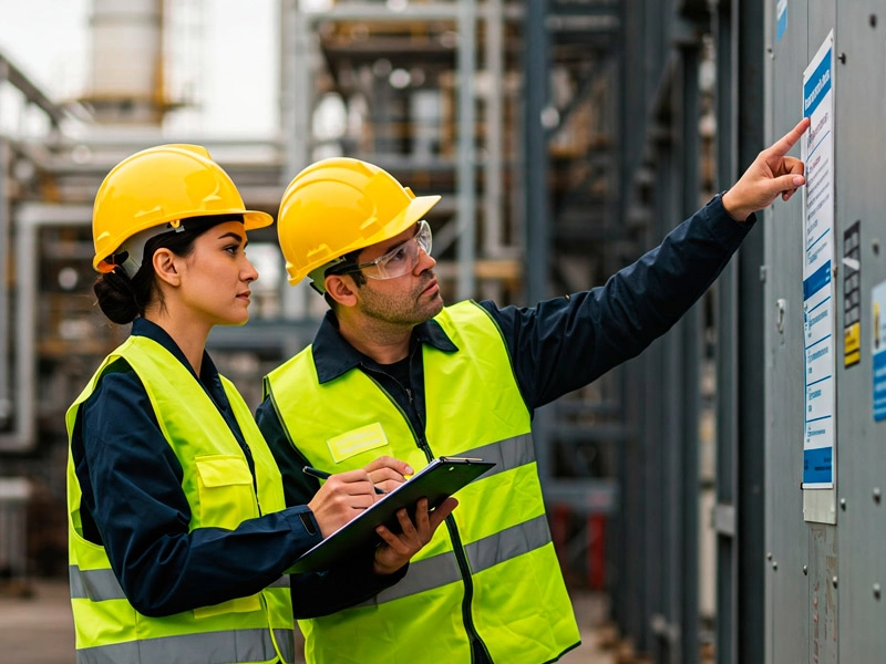 2 técnicos analizan paneles de información medioambiental en una fábrica
