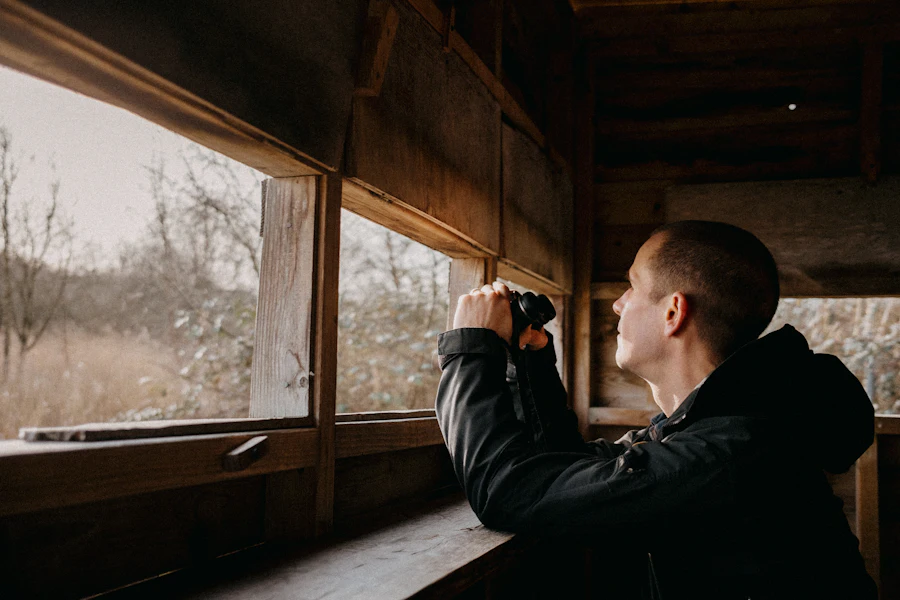 Persona observando aves con prismáticos desde la ventana de un observatorio de madera