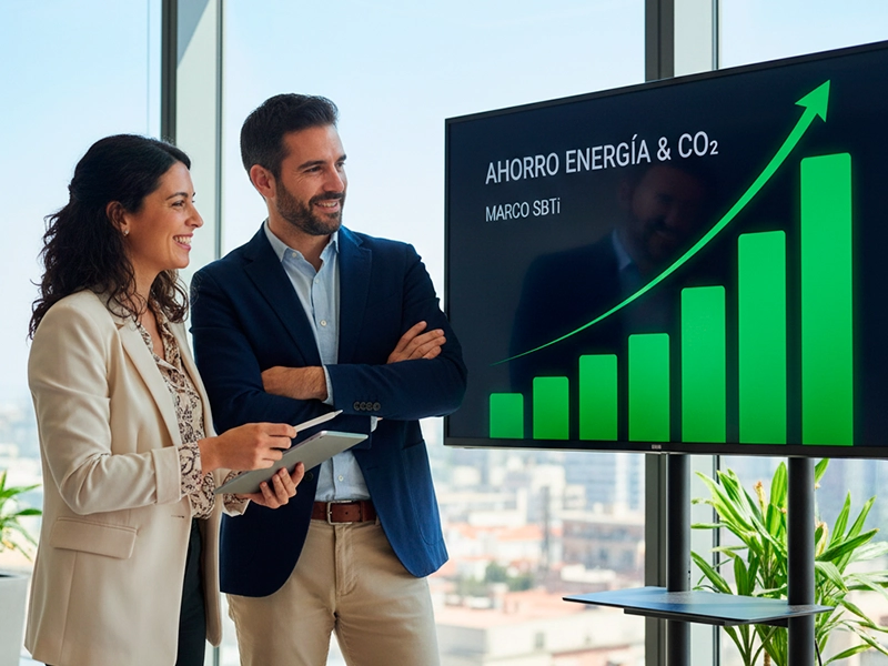 Dos personas en una oficina analizan una gráfica verde de barras ascendente que refleja el ahorro de energía y CO2 conseguido por la empresa en el marco del SBTi.